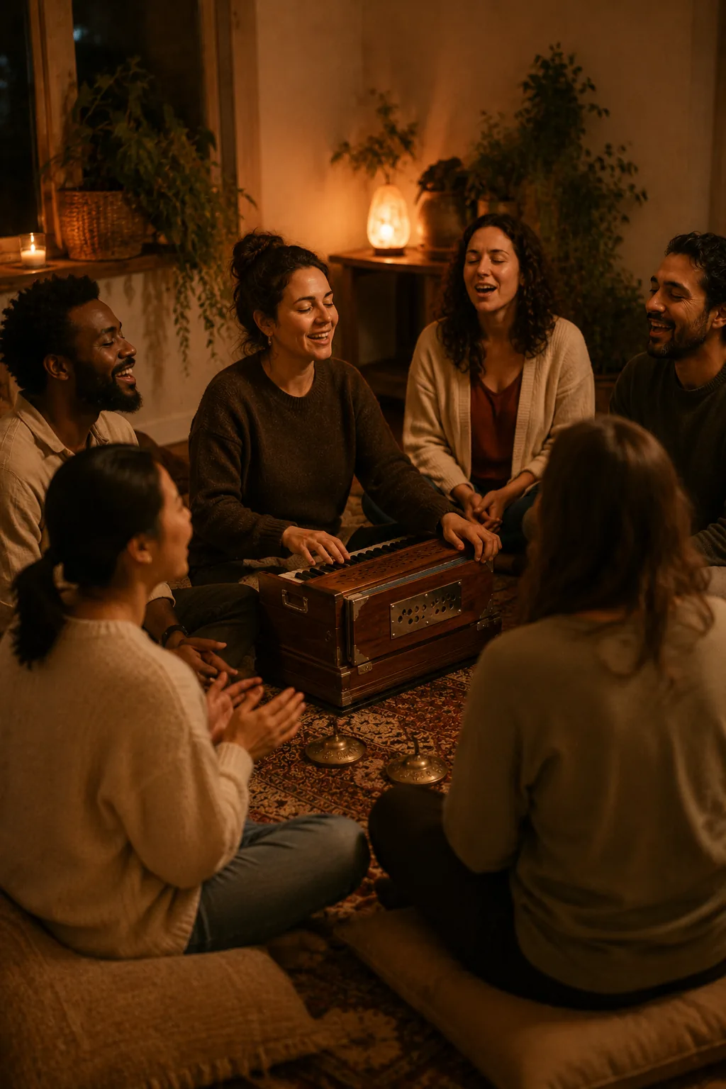 A small community circle chanting together