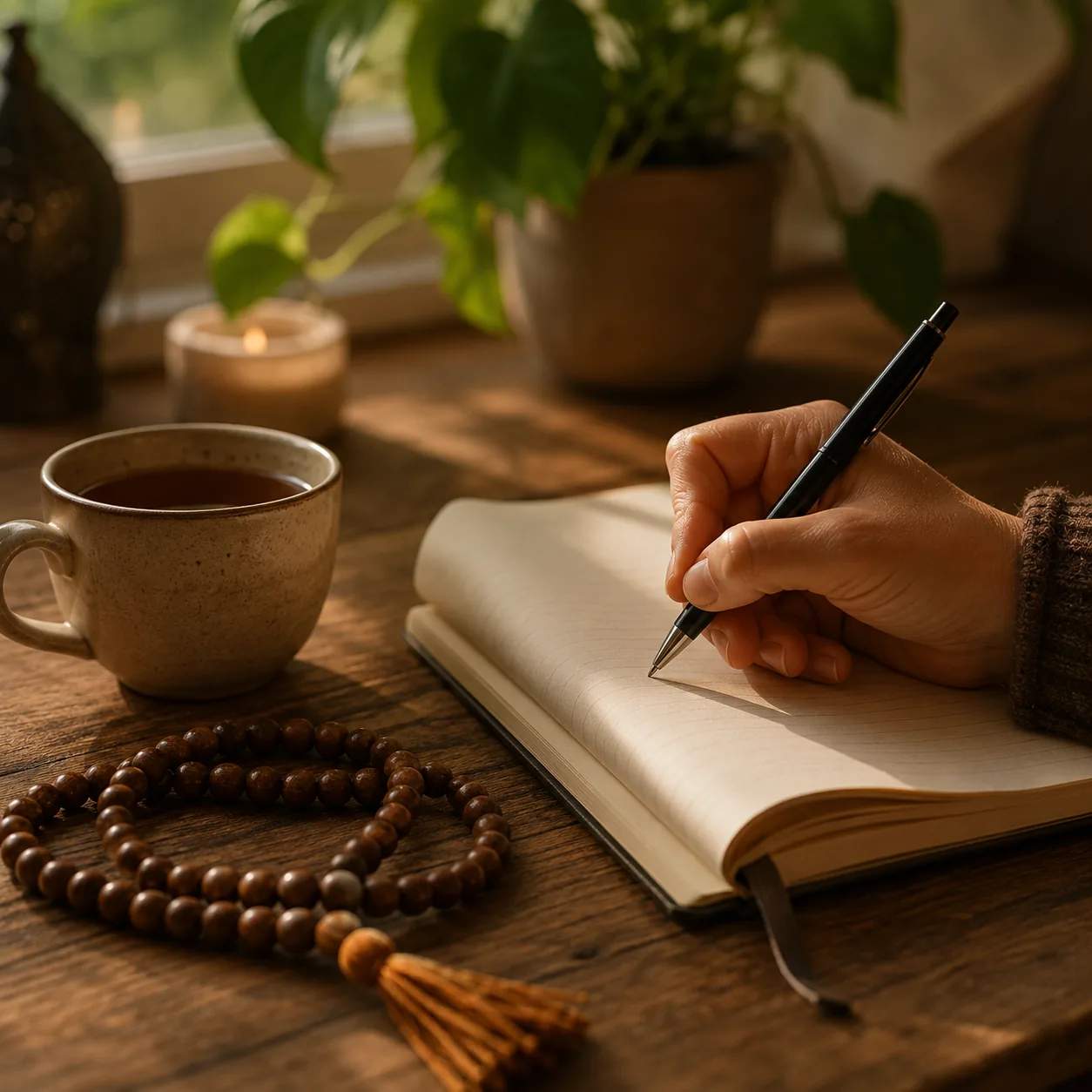 A hand writing a short note beside a cup of tea and japa beads