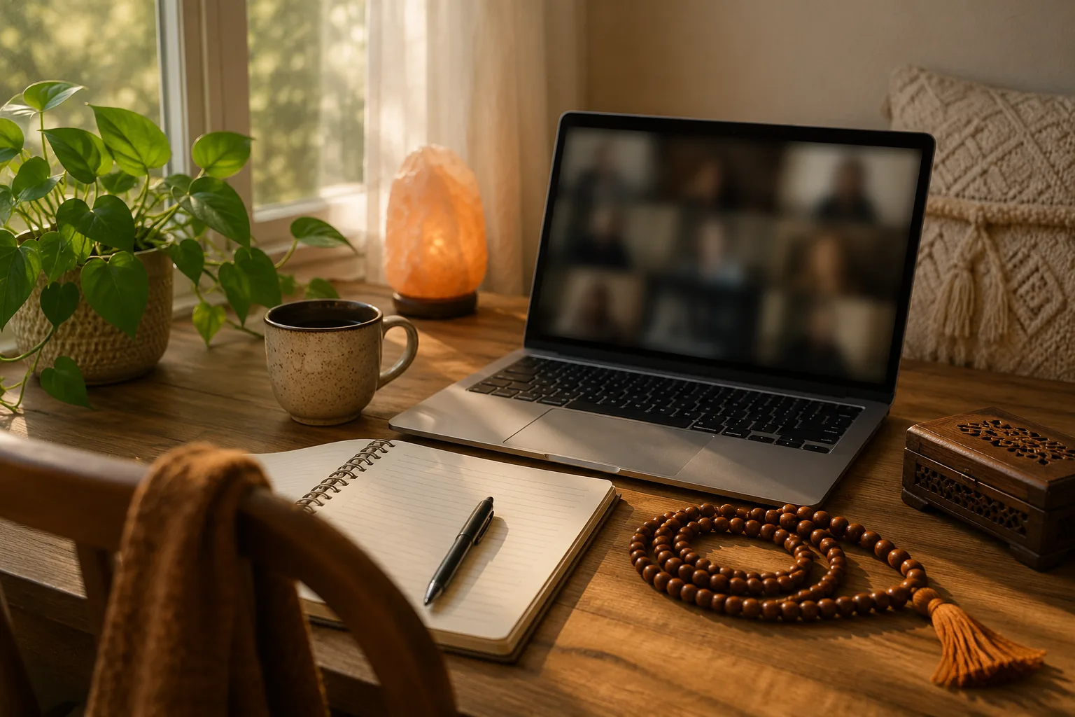 A peaceful desk setup for joining an online kirtan meditation session