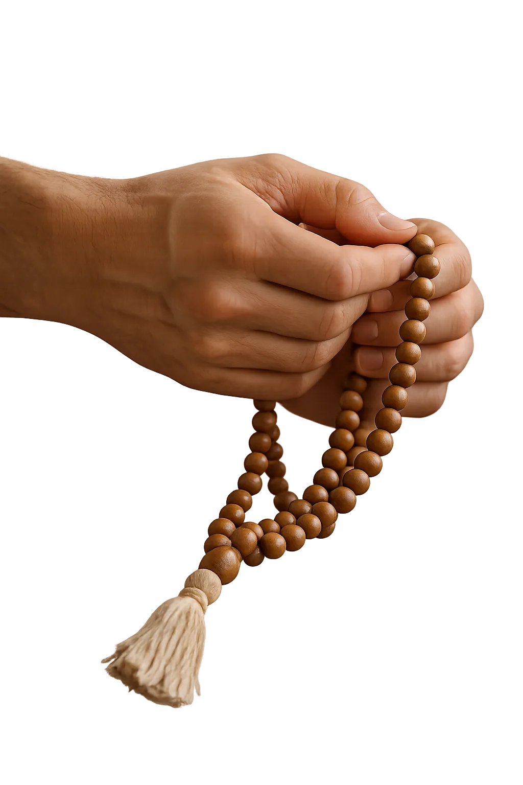 Hands gently holding wooden japa meditation beads