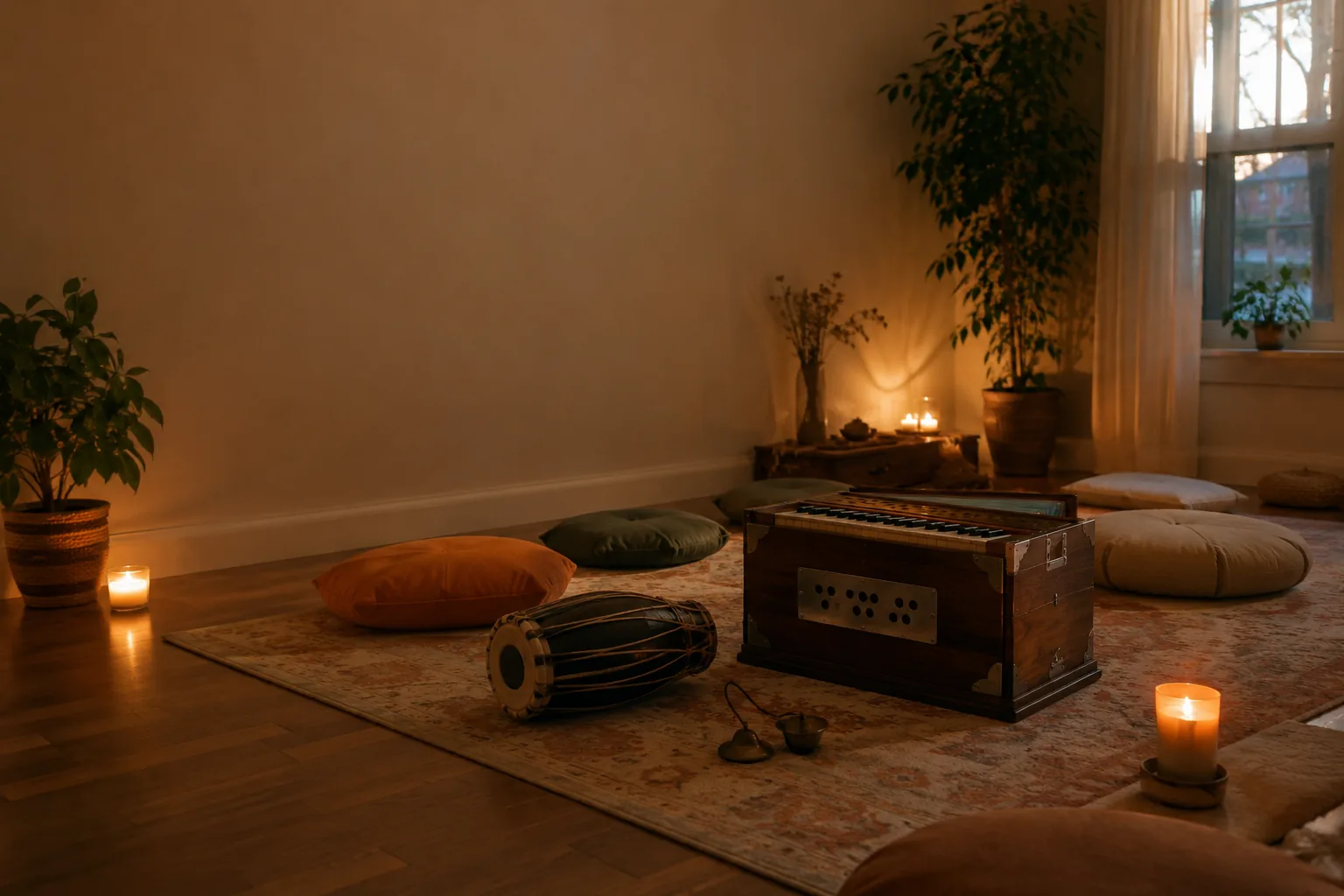 Warm candlelit room with harmonium and cushions ready for kirtan meditation