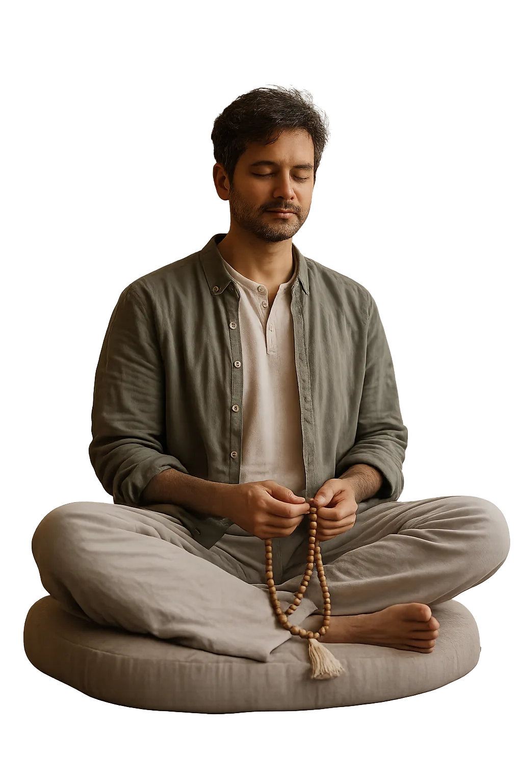 A person seated peacefully in meditation holding japa beads